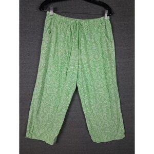 Fresh Produce Pants Womens XL Green Floral Pull On Cropped Casual 100% Cotton